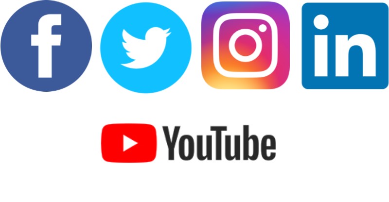 social media logos including Facebook and Instagram