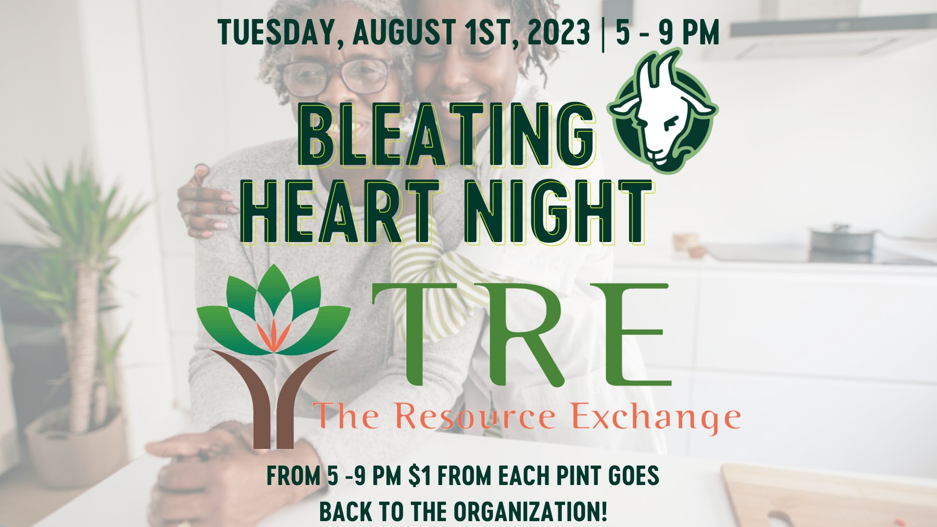 Bleating Heart Night is at Goat Patch Brewing Company August 1st from 5pm to 9pm; one dollar from each pint sold benefits The Resource Exchange
