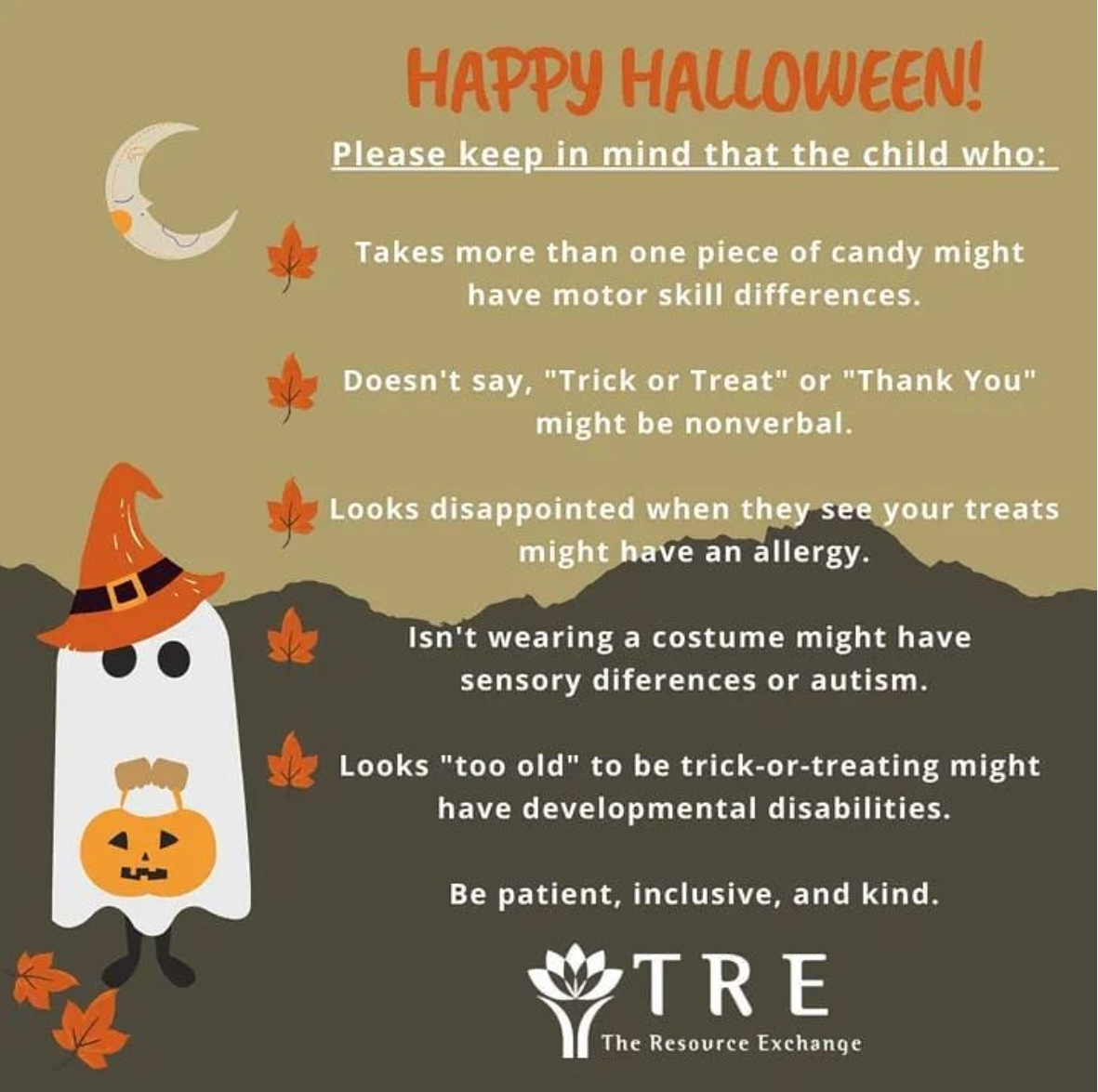 image with carton trick-or-treater and tips for an inclusive halloween including a child not wearing a costume might have sensory differences