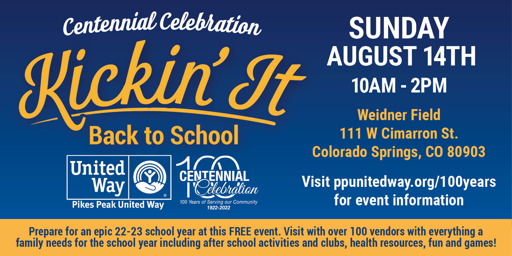 blue image with yellow text showing date of event, August 14th from 10 to 2p at Weidner Field in Colorado Springs