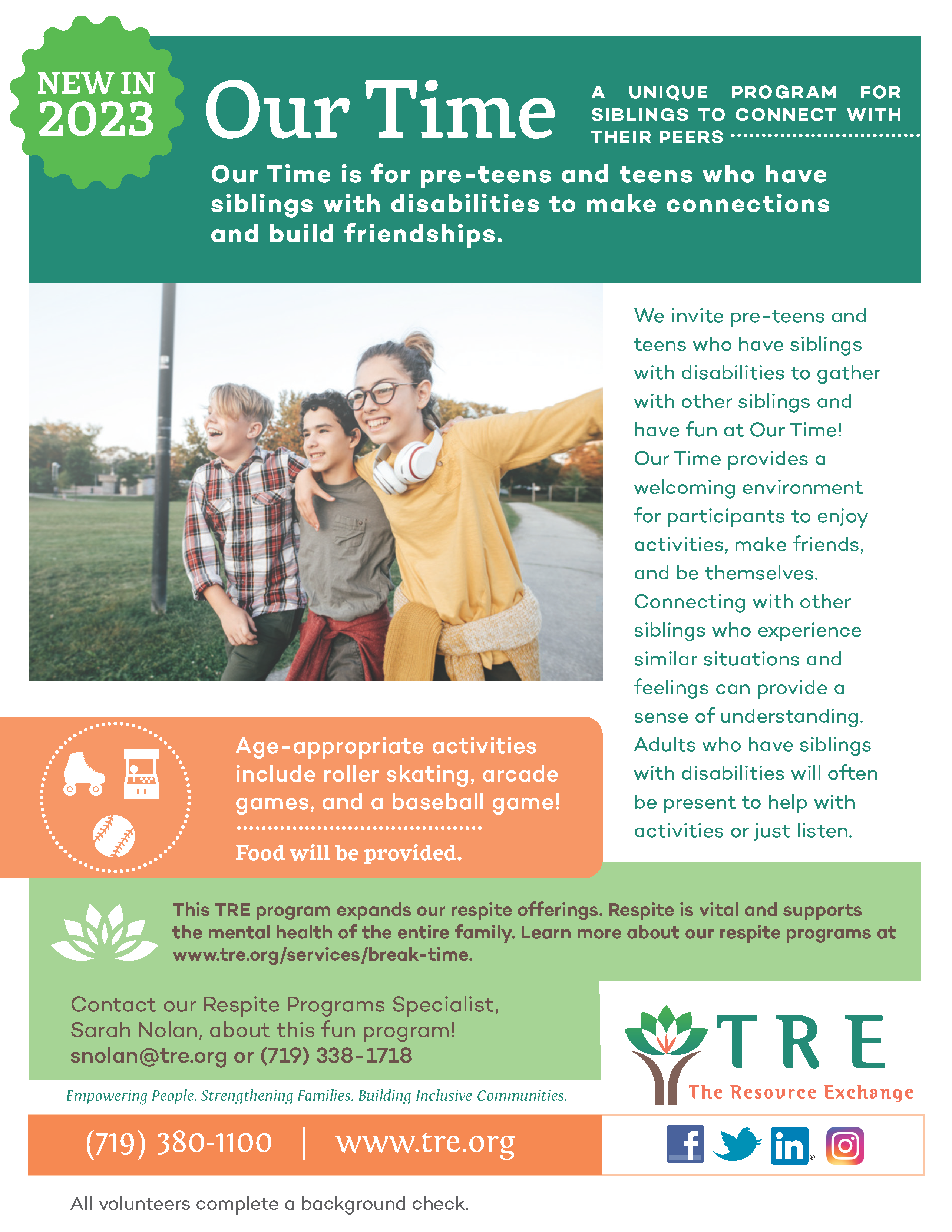informational flyer about TRE's program, Our Time, for pre-teens and teens with siblings who have disabilities