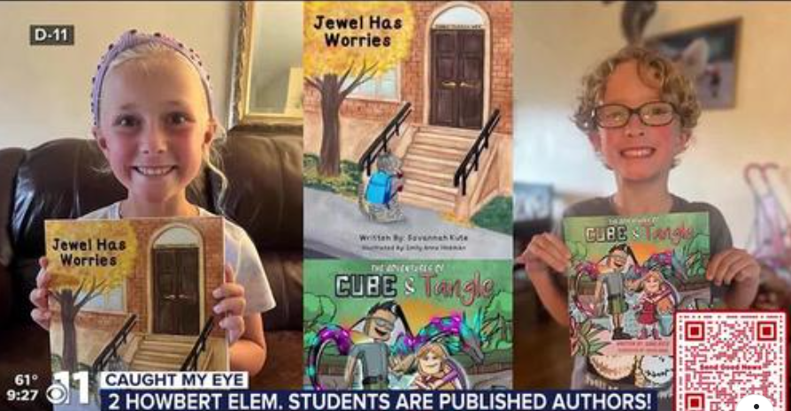 screenshot of two children , each holding up the book that they published