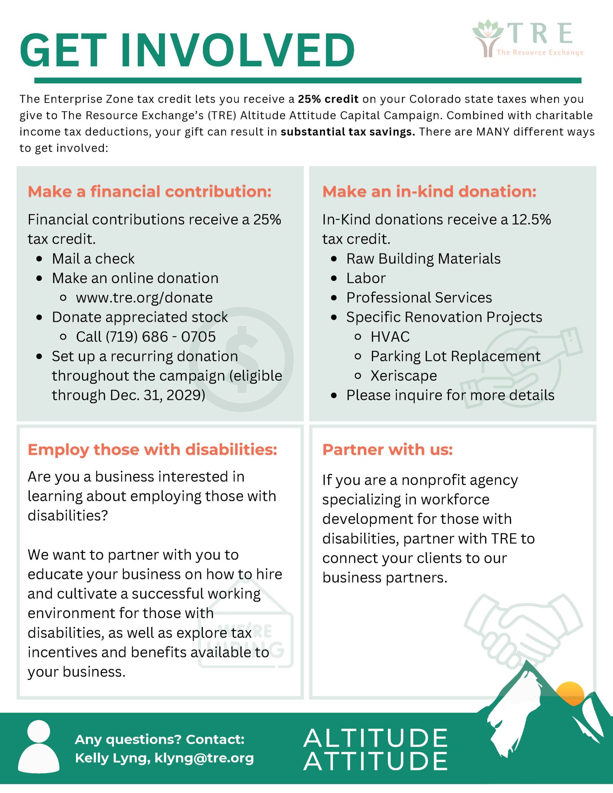 informational flyer showing ways to get involved through donations or business partnerships