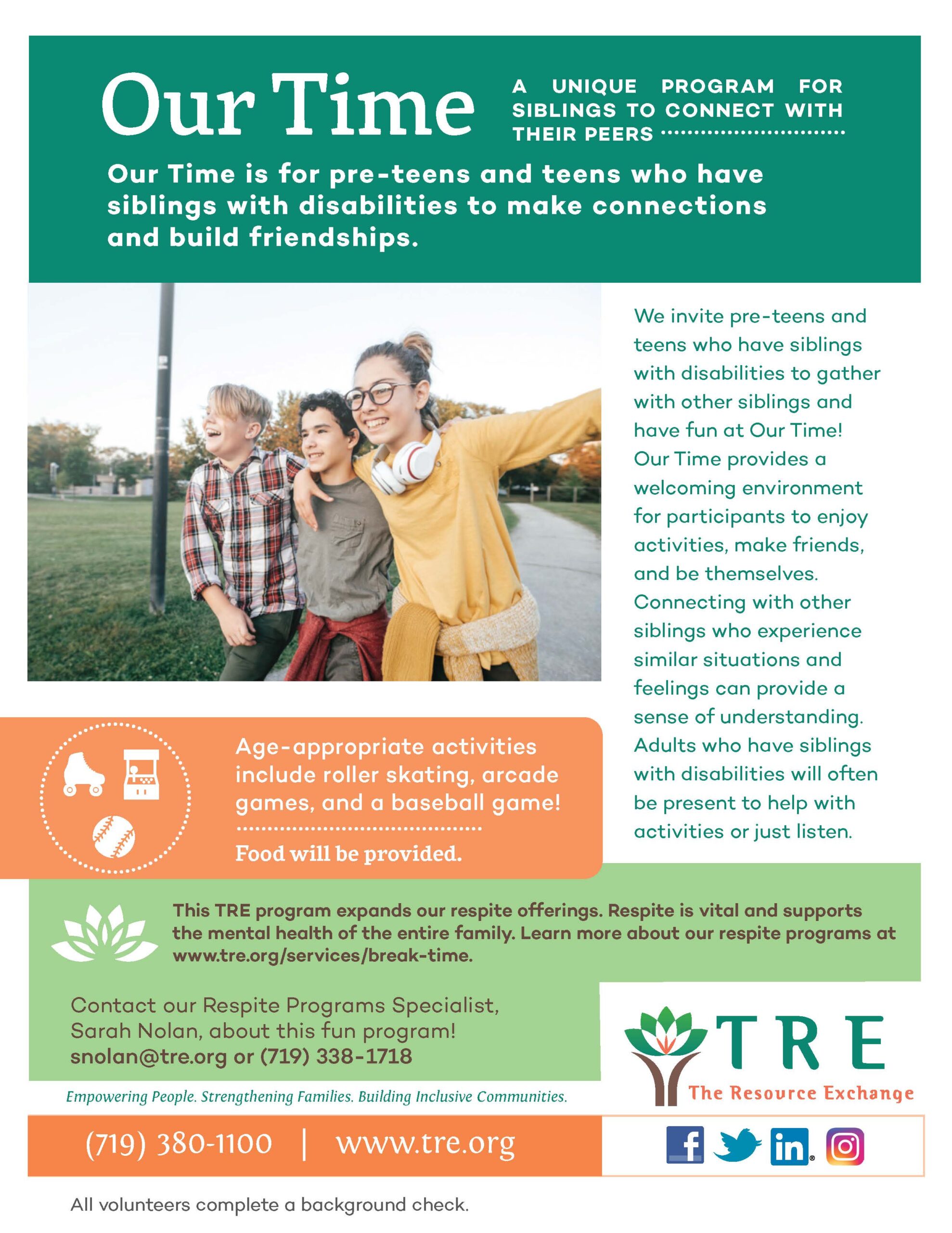 informational flyer about Our Time, a respite program for siblings of children with disabilities 